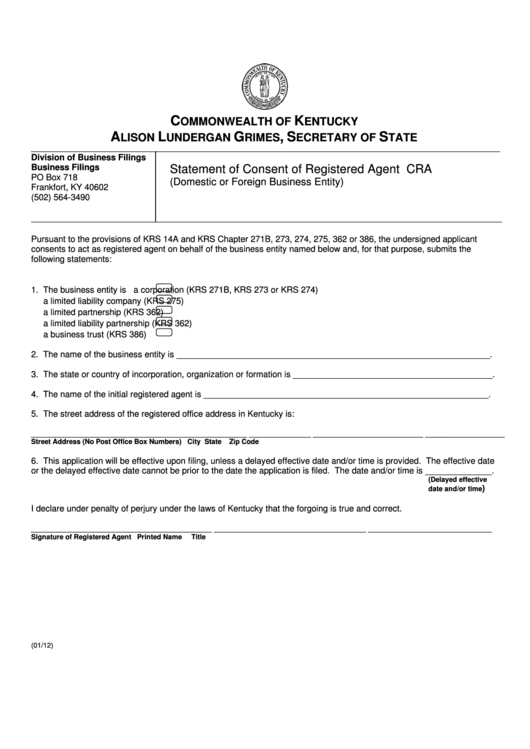 Form Cra - Statement Of Consent Of Registered Agent (Domestic Or Foreign Business Entity) - 2012 Printable pdf