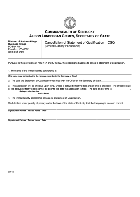 Form Csq - Cancellation Of Statement Of Qualification (Limited Liability Partnership) - 2012 Printable pdf