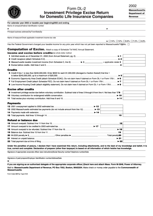 Form Dl-2 - Investment Privilege Excise Return For Domestic Life Insurance Companies - 2002 Printable pdf