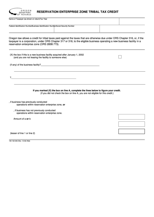 Reservation Enterprise Zone Tribal Tax Credit Form - 2002 Printable pdf