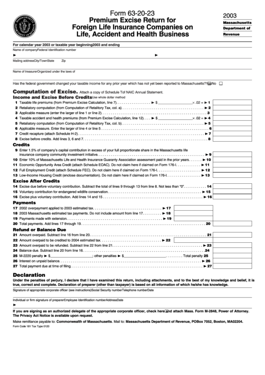 Form 63-20-23 - Premium Excise Return For Foreign Life Insurance Companies On Life, Accident And Health Business - 2003 Printable pdf