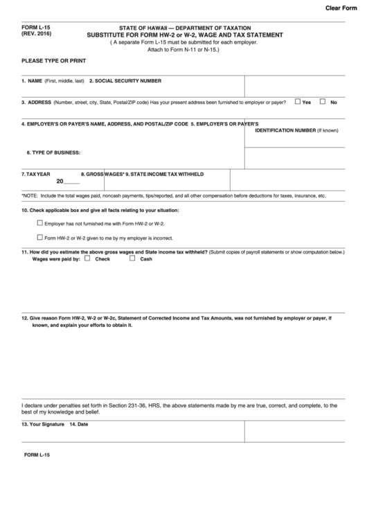 Form L-15 - Substitute For Form Hw-2 Or W-2, Wage And Tax Statement - 2016