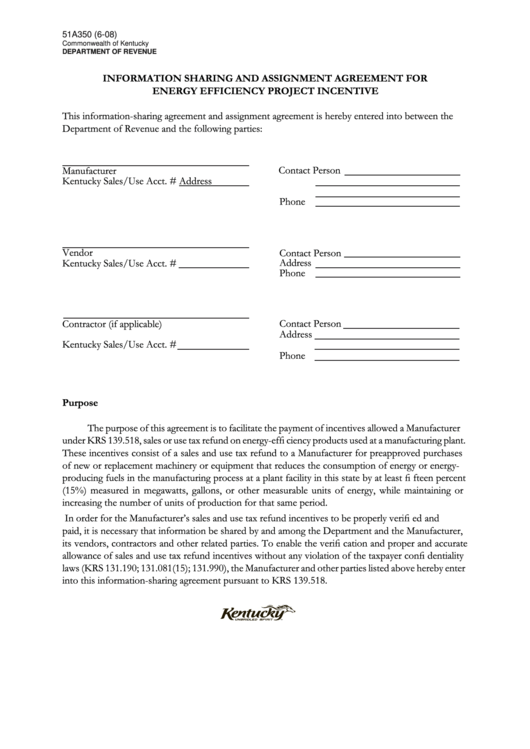 Form 51a350 - Information Sharing And Assignment Agreement For Energy Efficiency Project Incentive Printable pdf