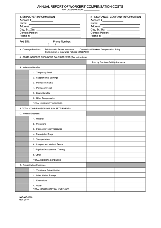 Fillable Form Lwc-Wc-1000 - Annual Report Of Workers