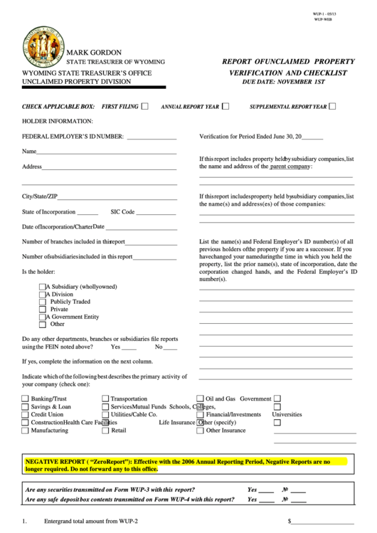 Fillable Form Wup-1 - Report Of Unclaimed Property - Verification And Checklist Printable pdf