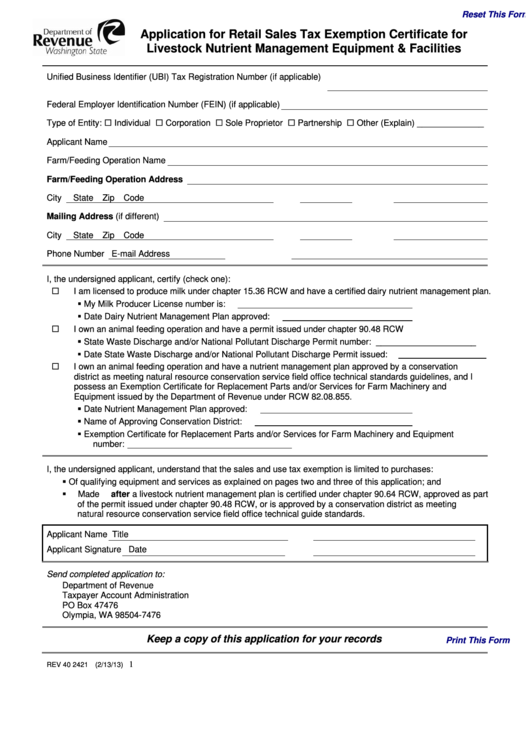 Application For Retail Sales Tax Exemption Certificate For Livestock Nutrient Management Equipment And Facilities Form