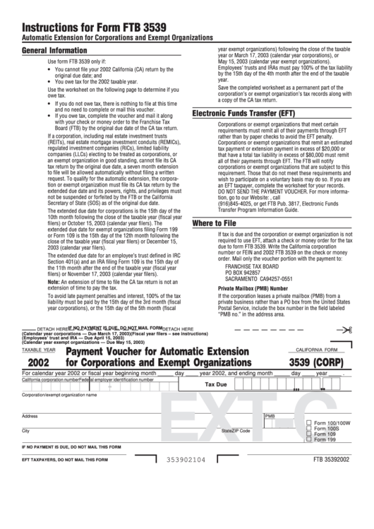 California Form 3539 (Corp) - Payment Voucher For Automatic Extension For Corporations And Exempt Organizations - 2002 Printable pdf
