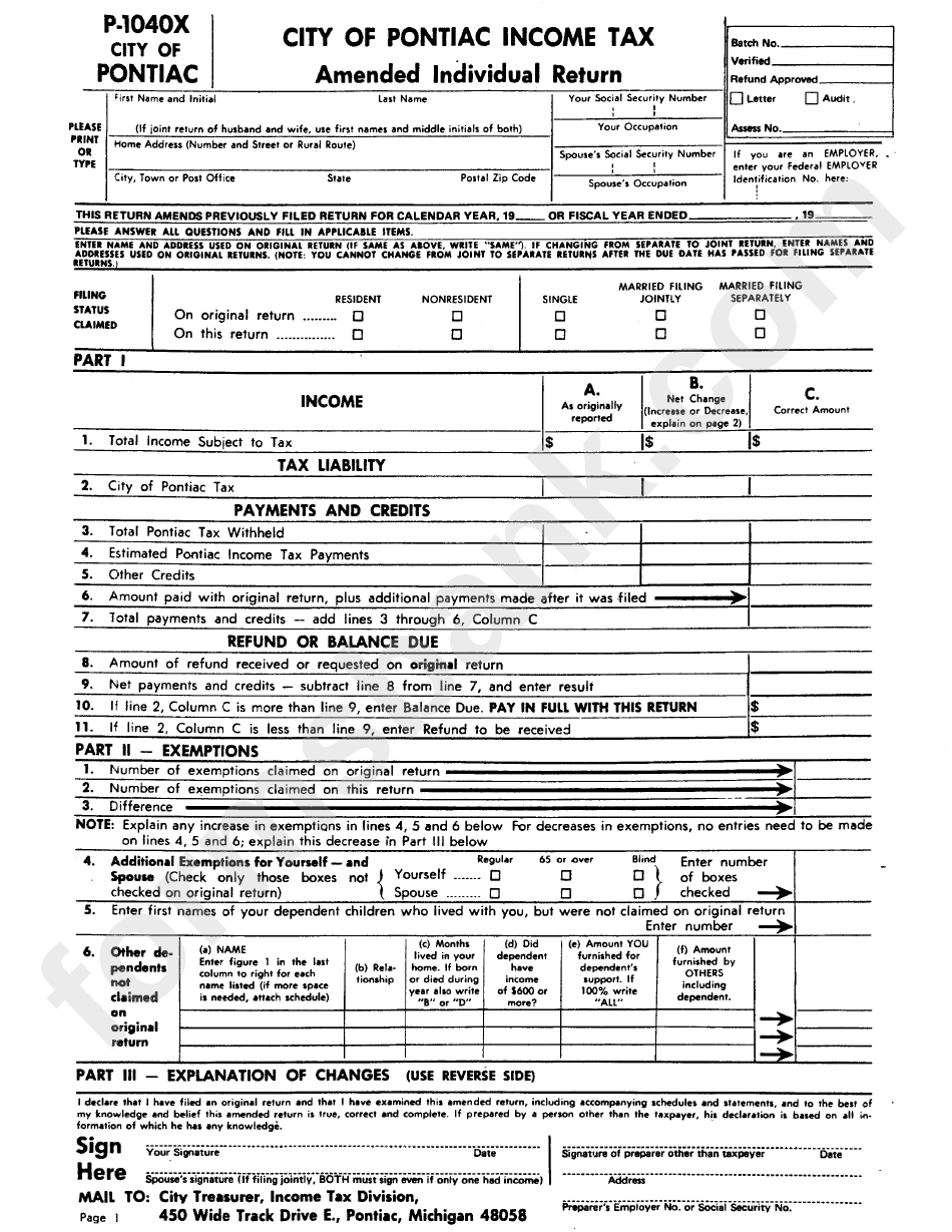 Form P-1040x - City Of Pontiac Income Tax Amended Individual Return