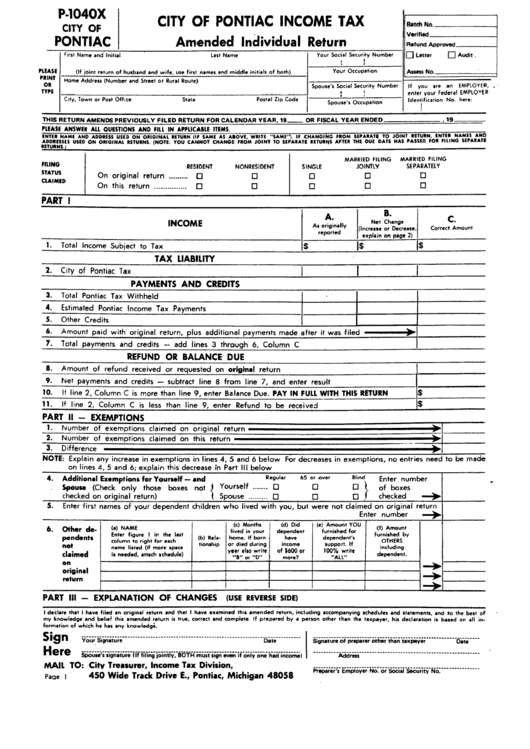 Form P-1040x - City Of Pontiac Income Tax Amended Individual Return Printable pdf