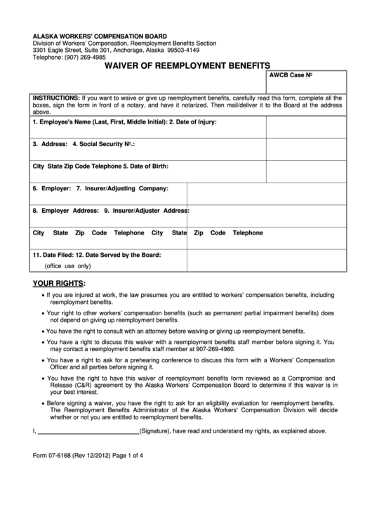 Form 07-6168 - Waiver Of Reemployment Benefits - 2012 Printable pdf