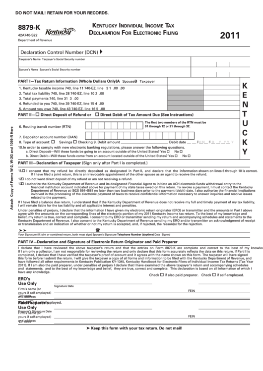 Form 8879-K - Kentucky Individual Income Tax Declaration For Electronic Filing - 2011 Printable pdf