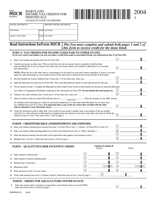 Fillable Form 502cr - Maryland Income Tax Credits For Individuals - 2004 Printable pdf