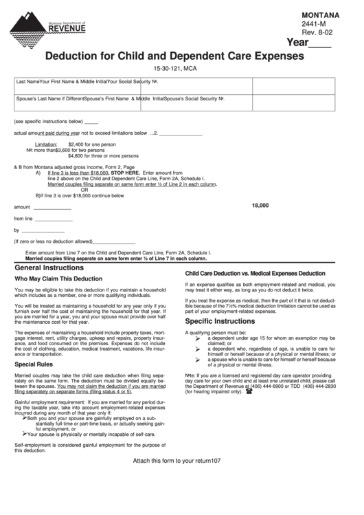 Montana Form 2441-M - Deduction For Child And Dependent Care Expenses - 2002 Printable pdf