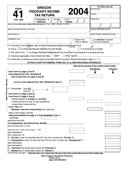 Fillable Form 41 - Oregon Fiduciary Income Tax Return - 2004 Printable pdf