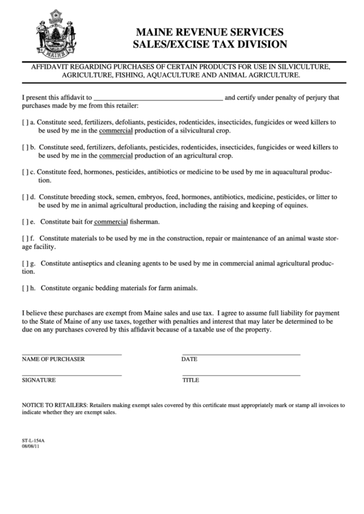 Form St-L-154a - Affidavit Regarding Purchases Of Certain Products For Use In Silviculture, Agriculture, Fishing, Aquaculture And Animal Agriculture Printable pdf