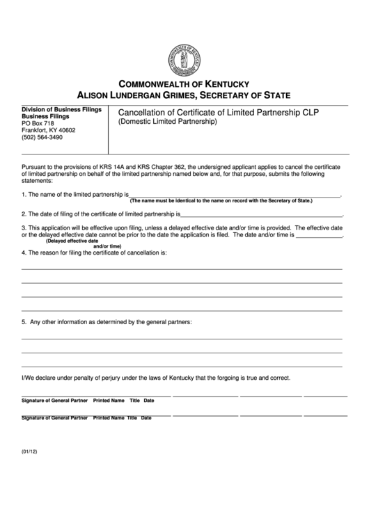 Form Clp - Cancellation Of Certificate Of Limited Partnership (Domestic Limited Partnership) - 2012 Printable pdf