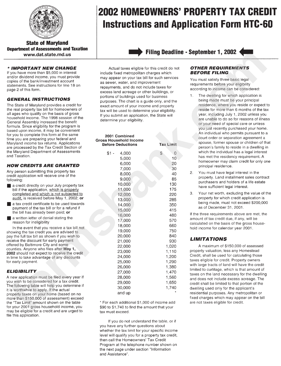 Instructions For Form Htc-60 - 2002 Homeowners