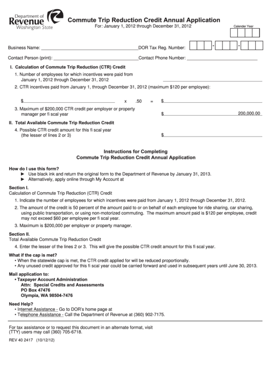 Commute Trip Reduction Credit Annual Application Form - 2012 Printable pdf