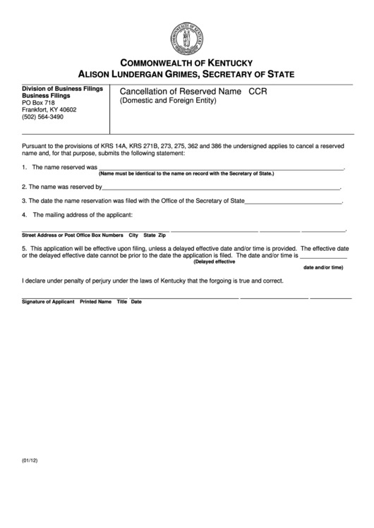 Form Ccr - Cancellation Of Reserved Name - 2012 Printable pdf