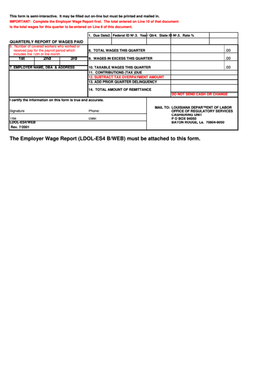 Fillable Quarterly Report Of Wages Paid - Louisiana Department Of Labor - 2001 Printable pdf