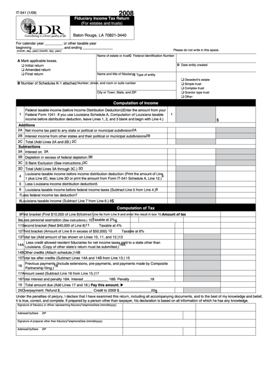 Fillable Form It-541 - Fiduciary Income Tax Return (For Estates And Trusts) - 2008 Printable pdf