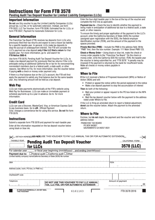 Fillable California Form 3578 (Llc) - Pending Audit Tax Deposit Voucher For Llcs Printable pdf