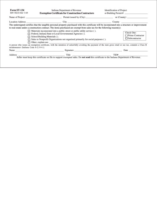 Form St-134 - Exemption Certificate For Construction Contractors - 2005 Printable pdf
