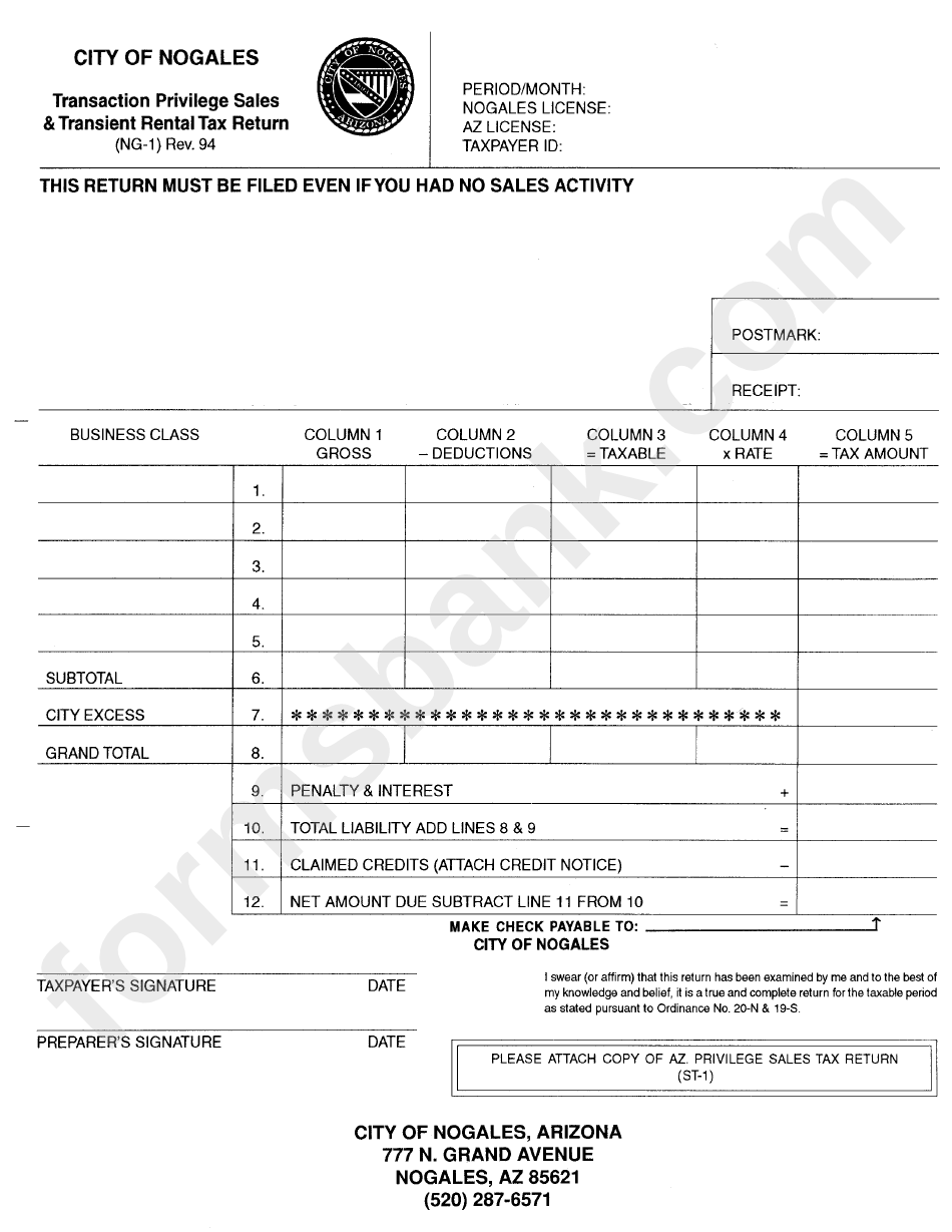 Transaction Privilege Sales & Transient Rental Tax Return (Form Ng-1) - Arizona