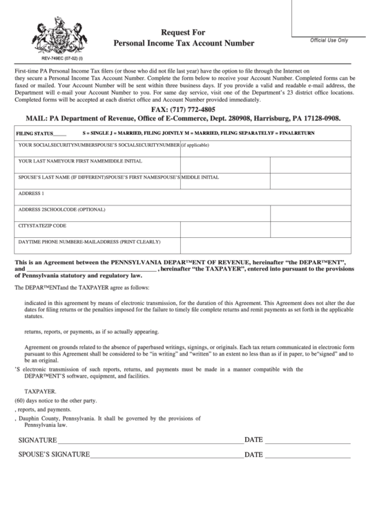 Fillable Request For Personal Income Tax Account Number Form - 2002 Printable pdf