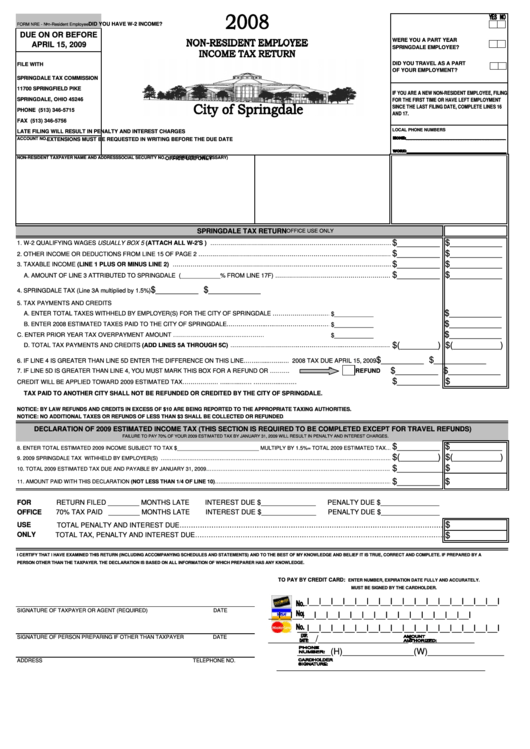 Form Nre - Non-Resident Employee Income Tax Return - 2008 Printable pdf