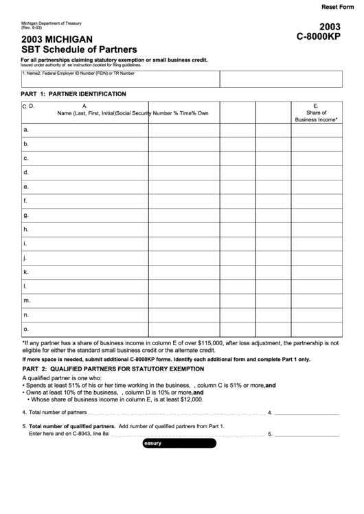 Fillable Form C-8000kp - Sbt Schedule Of Partners - 2003 Printable pdf
