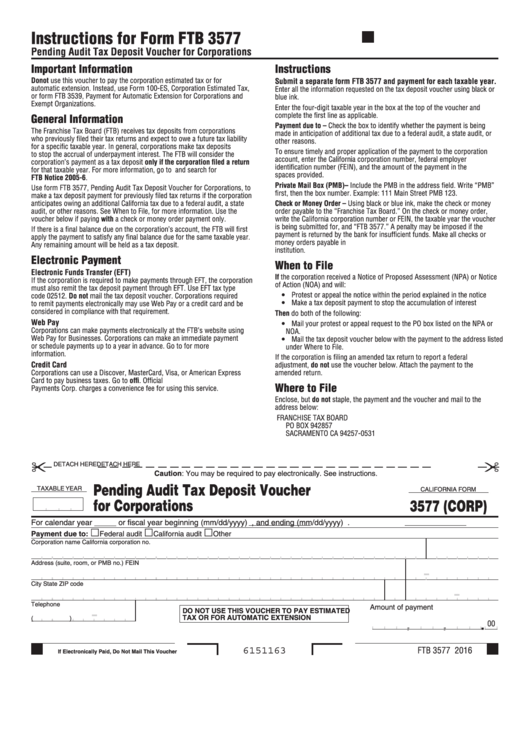 Fillable California Form 3577 (Corp) - Pending Audit Tax Deposit Voucher For Corporations Printable pdf