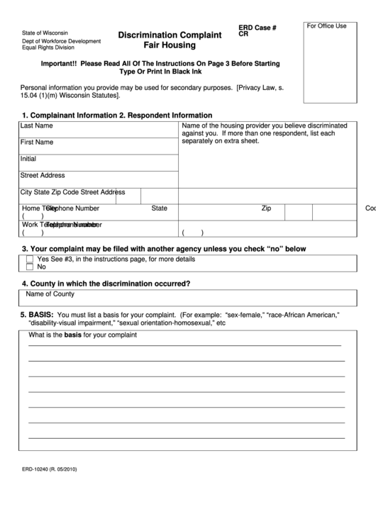 Form Erd-10240 - Discrimination Complaint Fair Housing Printable pdf