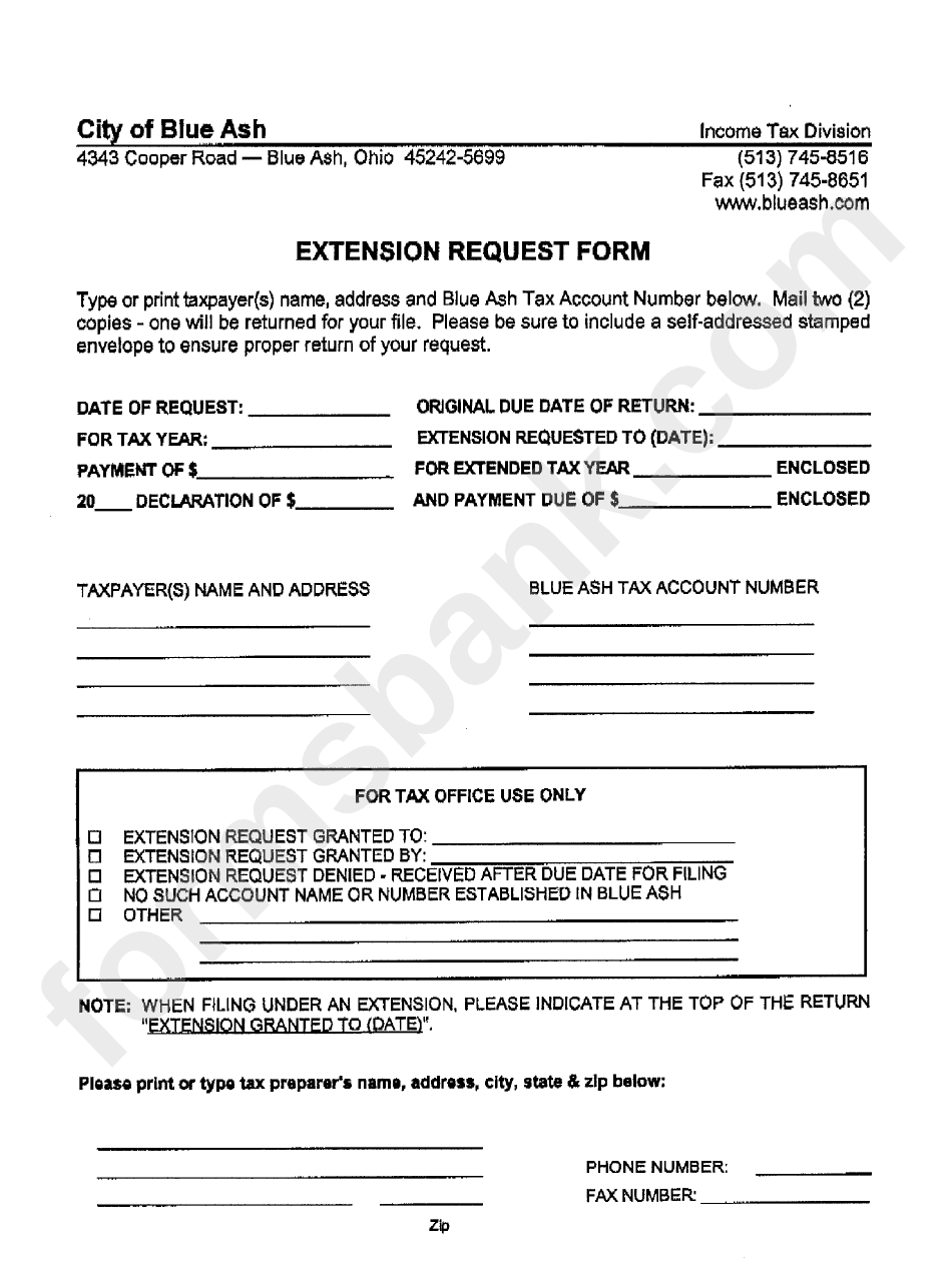 Extension Request Form - Ohio Income Tax Division