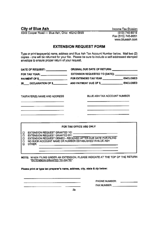 Extension Request Form - Ohio Income Tax Division Printable pdf
