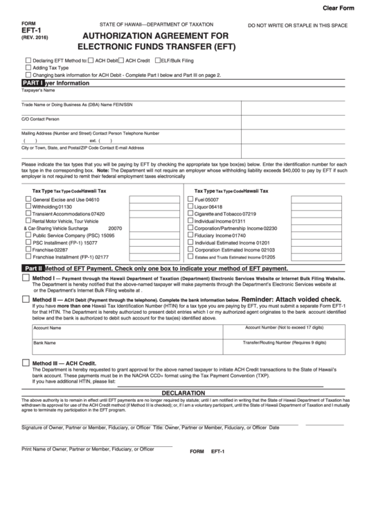 Form Eft-1 - Authorization Agreement For Electronic Funds Transfer (eft) - Hawaii Department Of Taxation