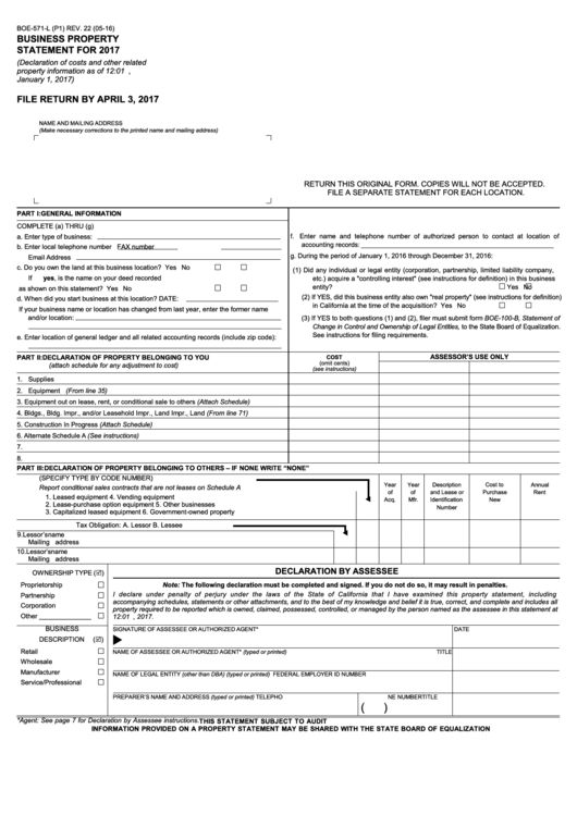 Fillable Form Boe-571-L - Business Property Statement For 2017 Printable pdf