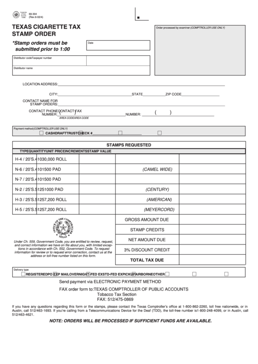 Fillable Form 69-304 - Texas Cigarette Tax Stamp Order - 2002 Printable pdf
