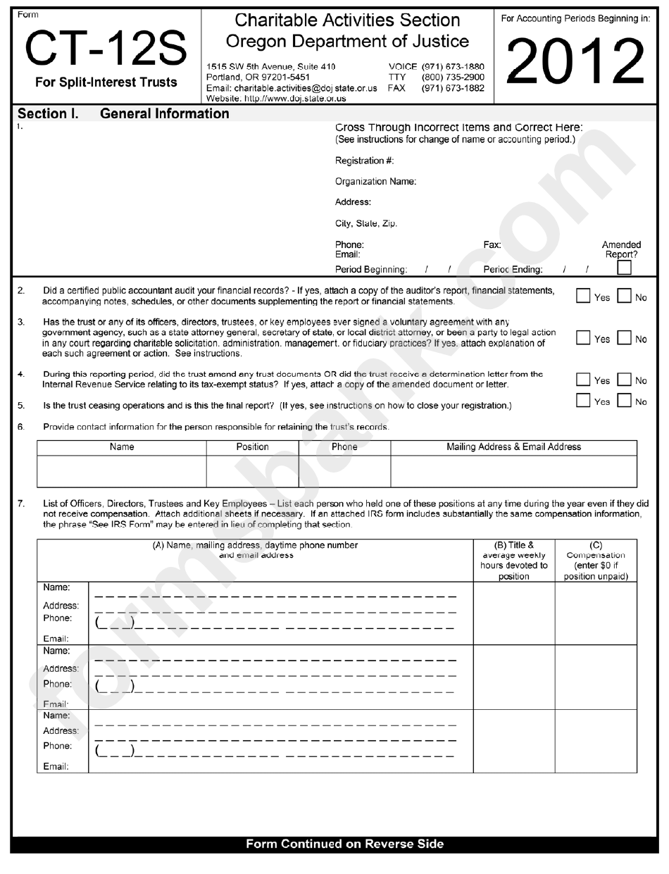 Form Ct-12s - Charitable Activities Section Oregon Department Of Justice - 2012