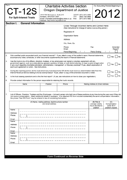 Form Ct-12s - Charitable Activities Section Oregon Department Of Justice - 2012 Printable pdf