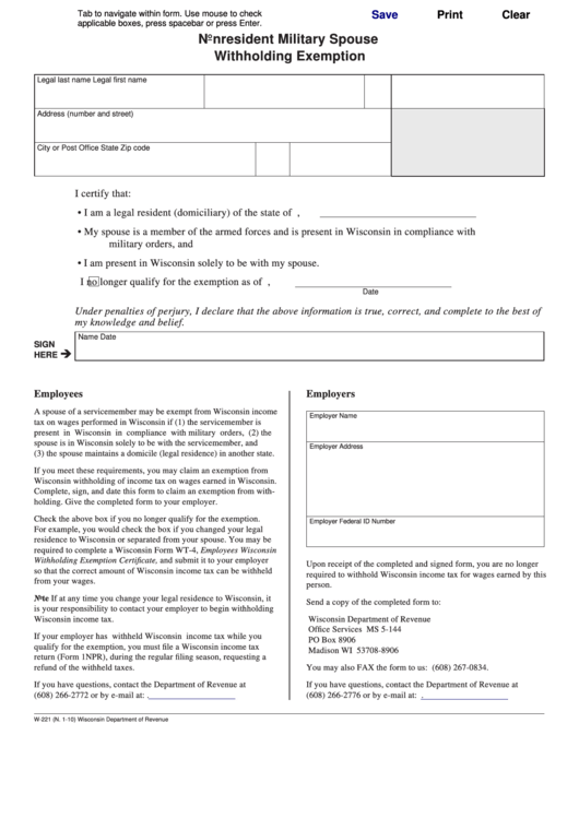 Fillable Form W-221 - Nonresident Military Spouse Withholding Exemption Printable pdf