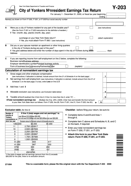 Form Y-203 - City Of Yonkers Nonresident Earnings Tax Return - 2000 Printable pdf