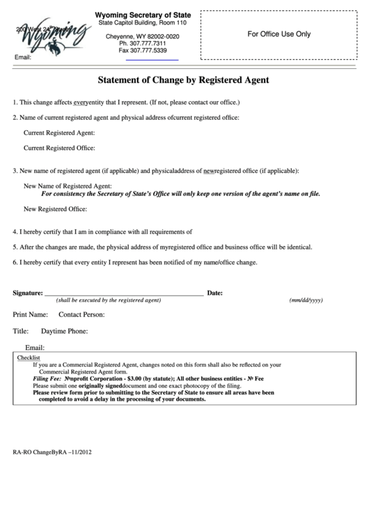Fillable Statement Of Change By Registered Agent - Wyoming Secretary Of State Printable pdf