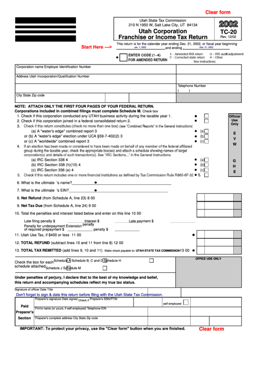 Form Tc-20 - Utah Corporation Franchise Or Income Tax Return - 2002 Printable pdf