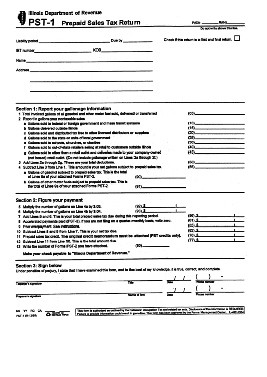 Form Pst-1 - Prepaid Sales Tax Return - Illinois Department Of Revenue Printable pdf