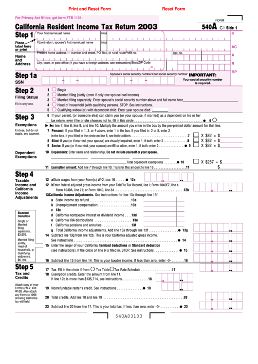 Fillable Form 540a - California Resident Income Tax Return - 2003 Printable pdf