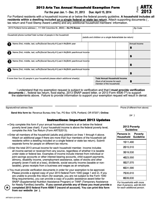 Form Artx - Arts Tax Annual Household Exemption Form - 2013 Printable pdf