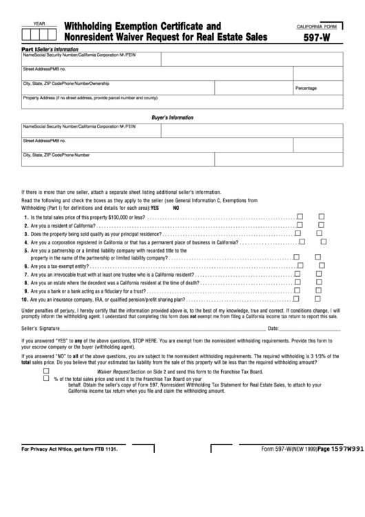 Form 597-W - Withholding Exemption Certificate And Nonresident Waiver Request For Real Estate Sales - California Printable pdf