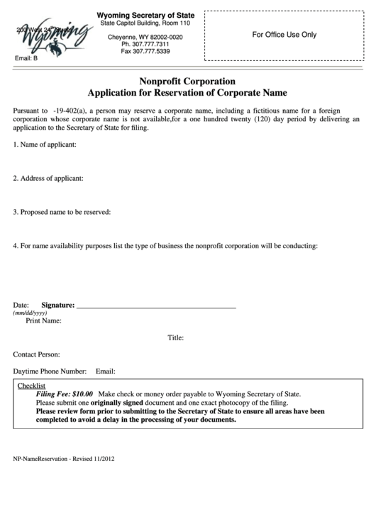 Fillable Nonprofit Corporation Application For Reservation Of Corporate Name - Wyoming Secretary Of State Printable pdf