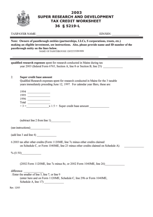 Super Research And Development Tax Credit Worksheet - Maine Department Of Revenue - 2003 Printable pdf